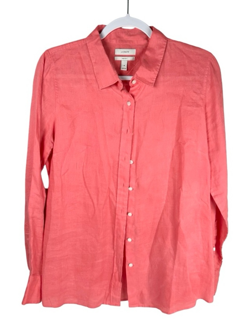 J. Crew Coral Pink 100% Linen Long Sleeve Button Up Perfect Shirt Women’s Size 8